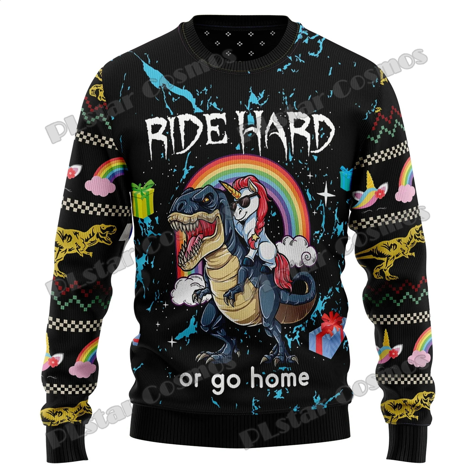 PLstar Cosmos Dinosaur Unicorn Ride Hard 3D Printed Mens Ugly Christmas Sweater Winter Unisex Casual Knit Pullover Sweater ZZM36251205