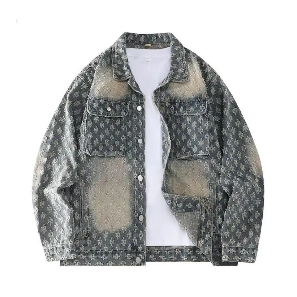 American Vintage Embossed Distressed Denim Jacket Single Breasted Cotton Spring Autumn Couple High-end Cool Loose Casual Jacket 251211