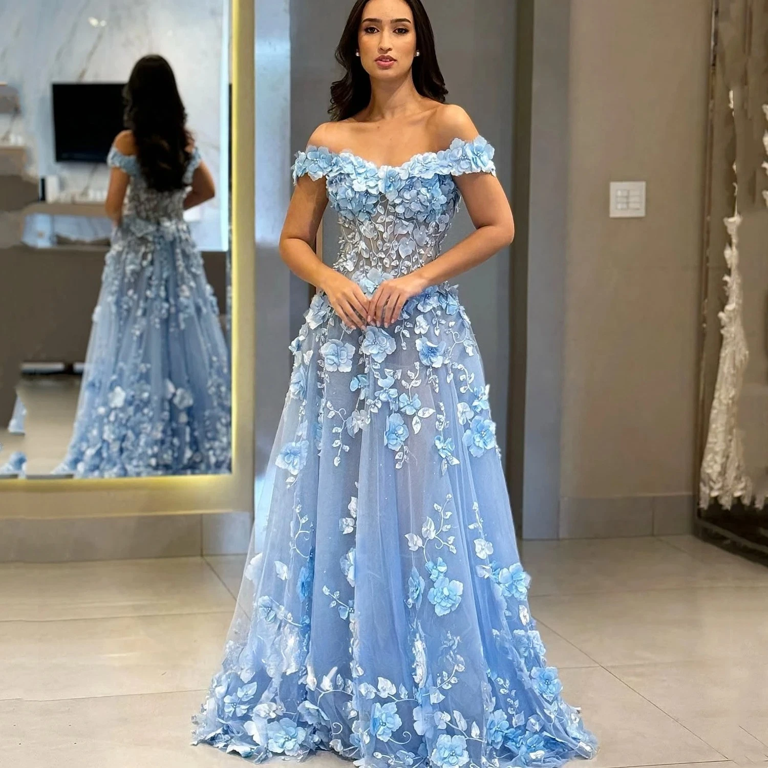 3D Floral Appliques Prom Dresses Light Sky Blue Off Shoulder A-Line Long Boutique Party Dress 2026 Sleeveless Pink Chic Evening Gowns Birthday Speci
