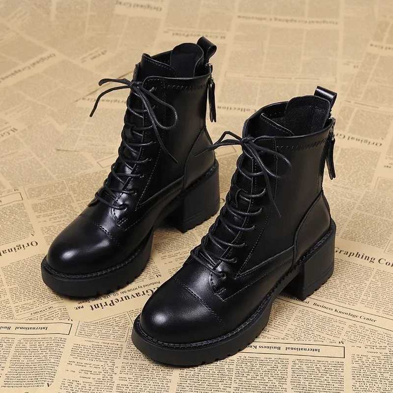 2024 New Fi Solid Color Round Toe Lace-Up Thick Heel Womens Boots Back Zipper Fi Boots Casual Zapatos De MujerXJ251211