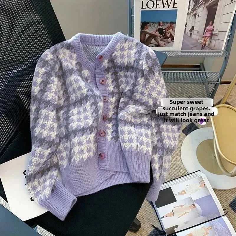 Japanese Style Cropped Purple Sweater Womens Autumn/Winter Loose Fit Outerwear Vintage Warm Soft Supple Cardigan Thickened Jack Z251211