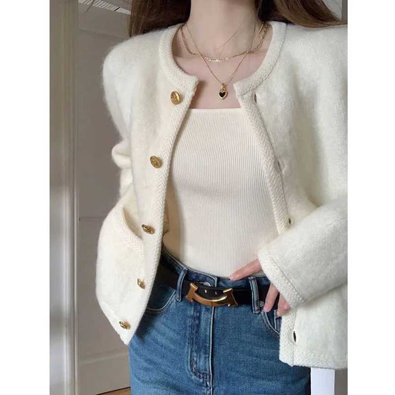 Womens White Knitted Coats Korean Fashion Single-Breasted Short Sweater Cardigan Ladies Autumn Winter Round Collar Jackets Z251211
