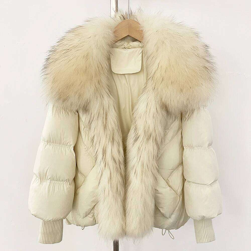 New Winter Large Real Raccoon Fur Puffer Coat Women Oversized Feather Parka Knit Sleeve White Duck Down Jacket Luxury