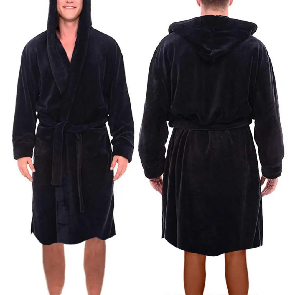 Men Bathrobe Winter Warm Hooded Long Sleeve Long Fleece Pocket Belt Solid Color Home Gown Sleepwear251205