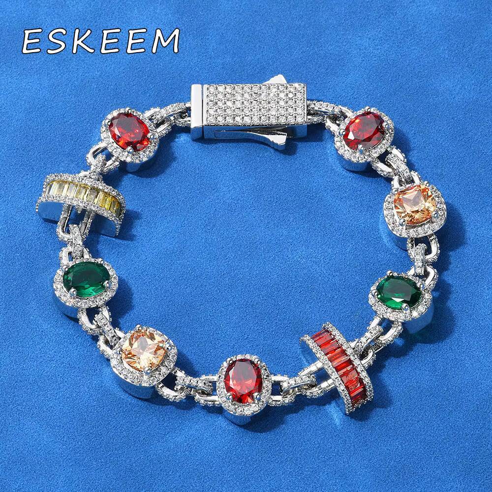 Eskeem New Geometric Link Chain 15mm 925 Silver Multi-Color Zircon White VVS Moissanite Hip Hop Bracelet Fine Jewelry