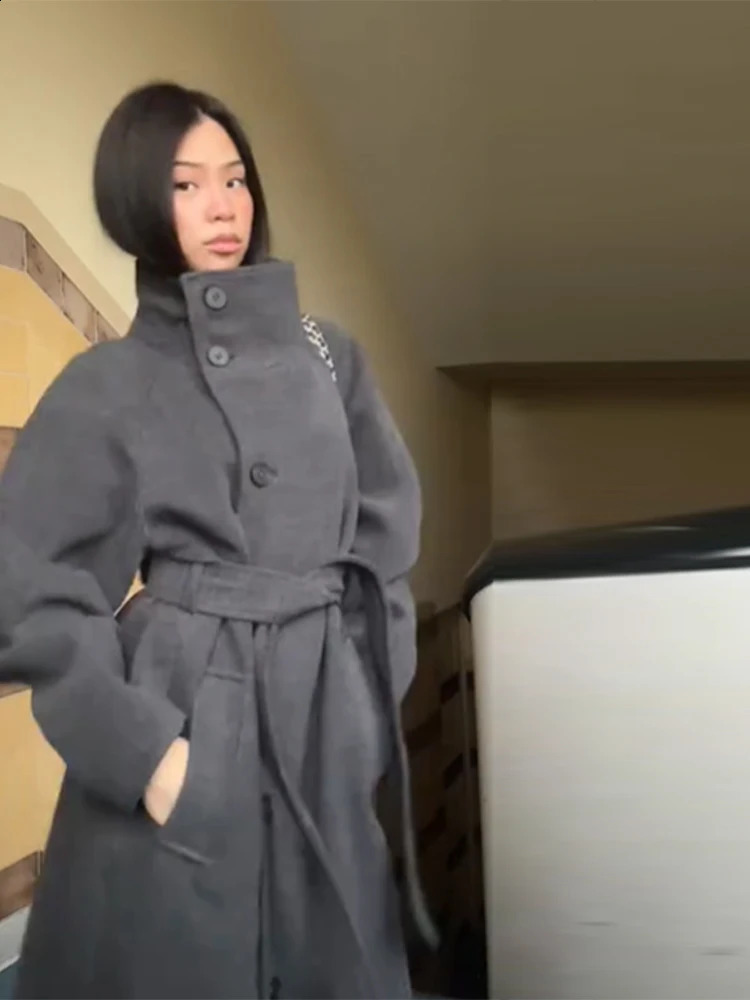 Womens Elegant Long Woolen Coat Chic Casual Stand Collar Lace-up High Quality Overcoat Winter Daily Commuting Outerwear 251211