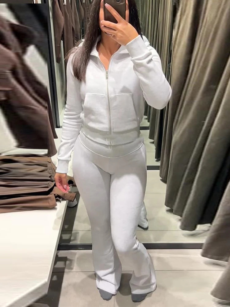 Zipper Plush Jacket Long Pants Lady Set Solid Color Lapel Jackets High Waist Slim Bell-Bottom Trousers Casual Womens Sets 251211