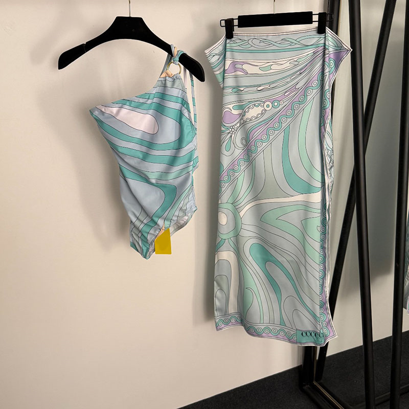 One Shoulder Swimsuit Women Beach Suit Sexy Backless Swimsuit Printed Skirt Set Summer Beach Vacation Party Bikini