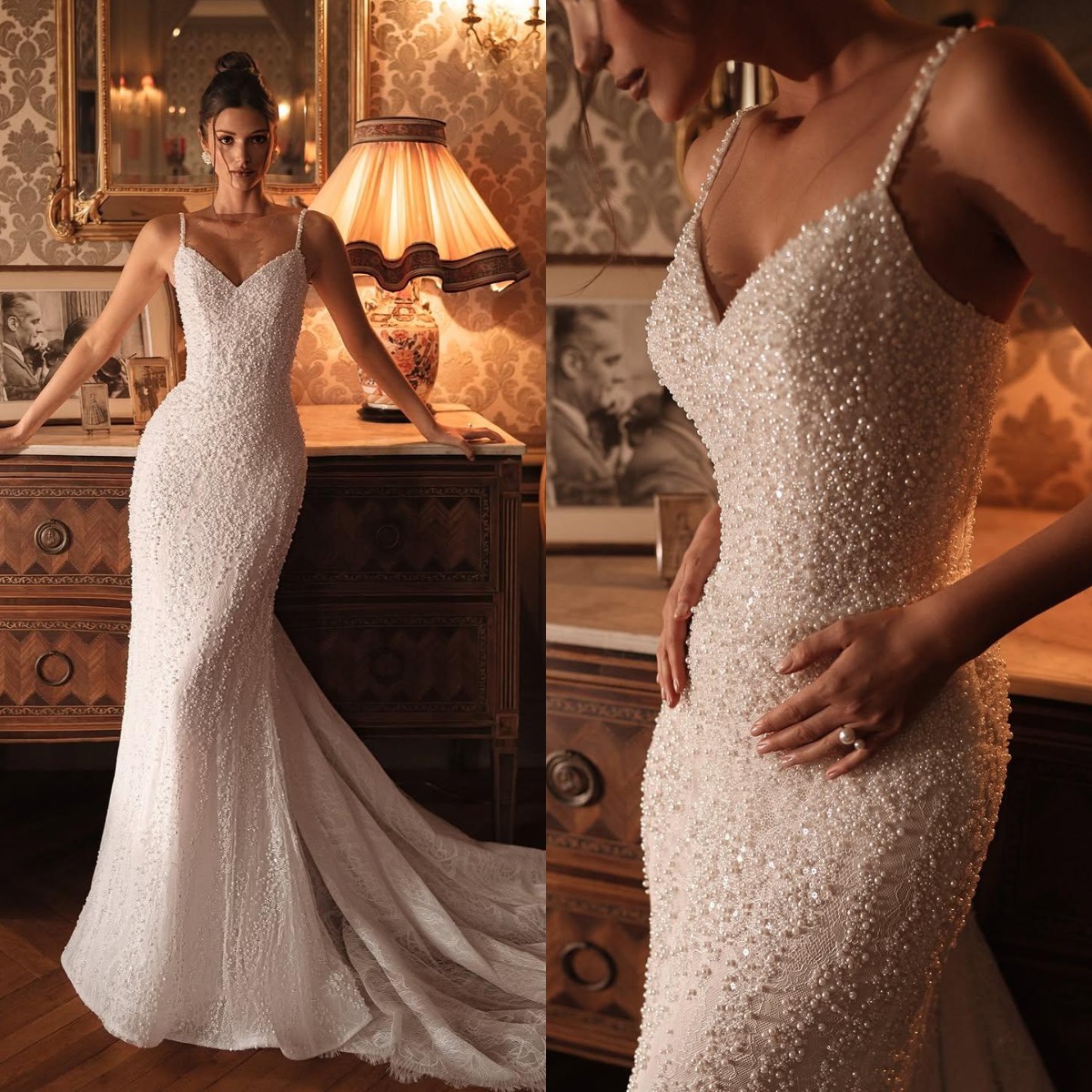 Classic Mermaid Wedding Dress Spaghetti Straps Sleeveless Bridal Gowns Pearls Beaded Sequins Sweep Train Dresses Custom Made vestidos