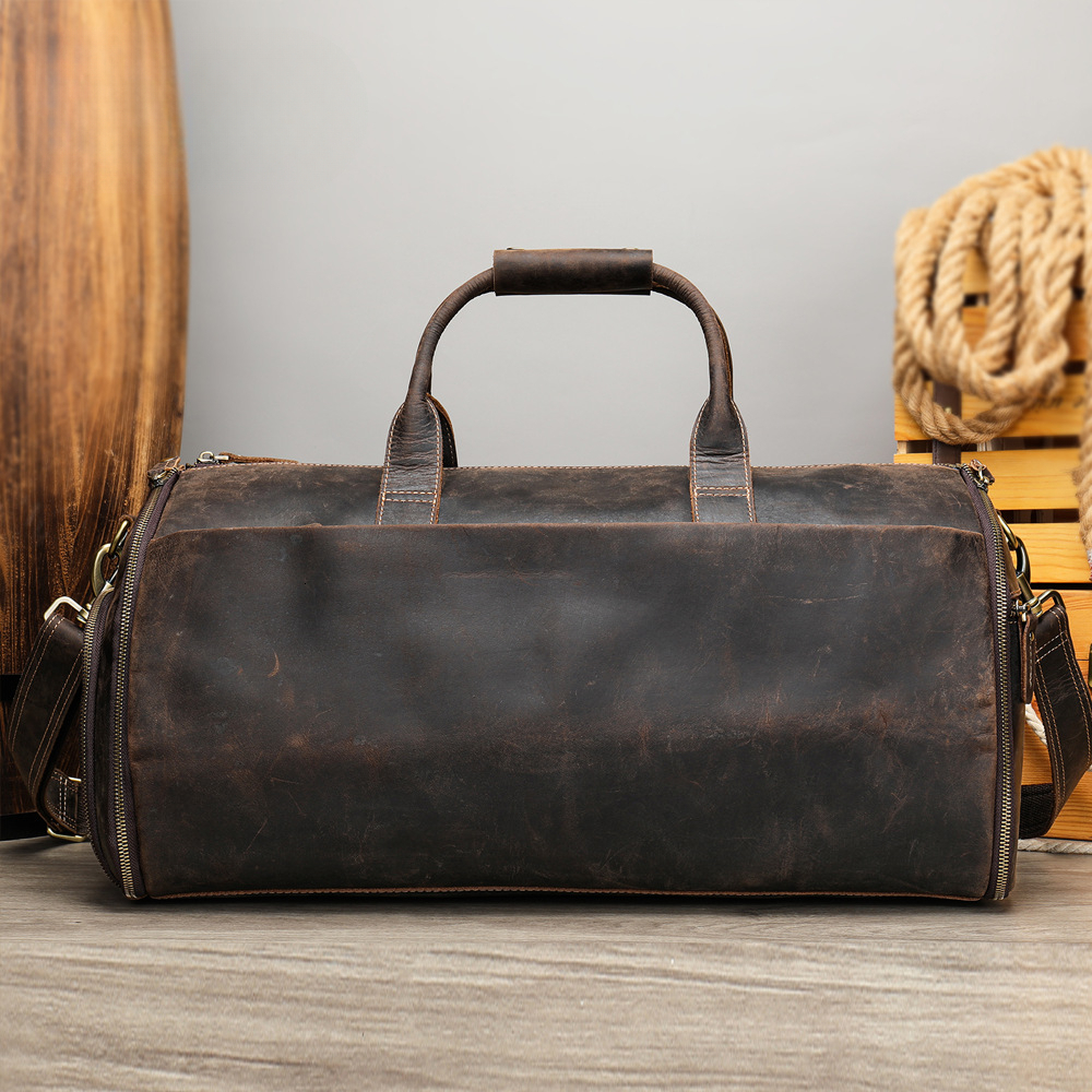 High quality top layer cowhide foldable suit storage bag fitness bag men's crazy horse leather travel bag genuine leather luggage bag designer