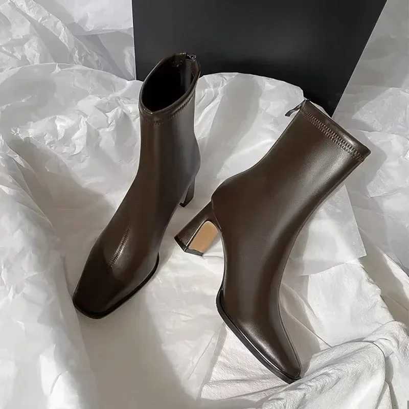 2025 New Vintage Brown Women Ankle Boots Fi Elegant Square Toe Shoes Autumn Winter Thick Heel Womens Short BootiesXJ251211