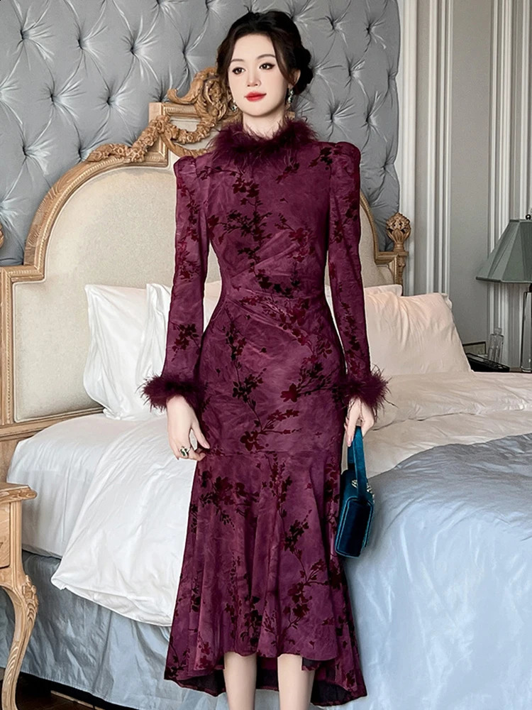 Chinese Style Elegant Evening Party Dresses for Women Retro Fur Long Sleeve Folds Fishtail Robe Female Banquet Vestidos 251210