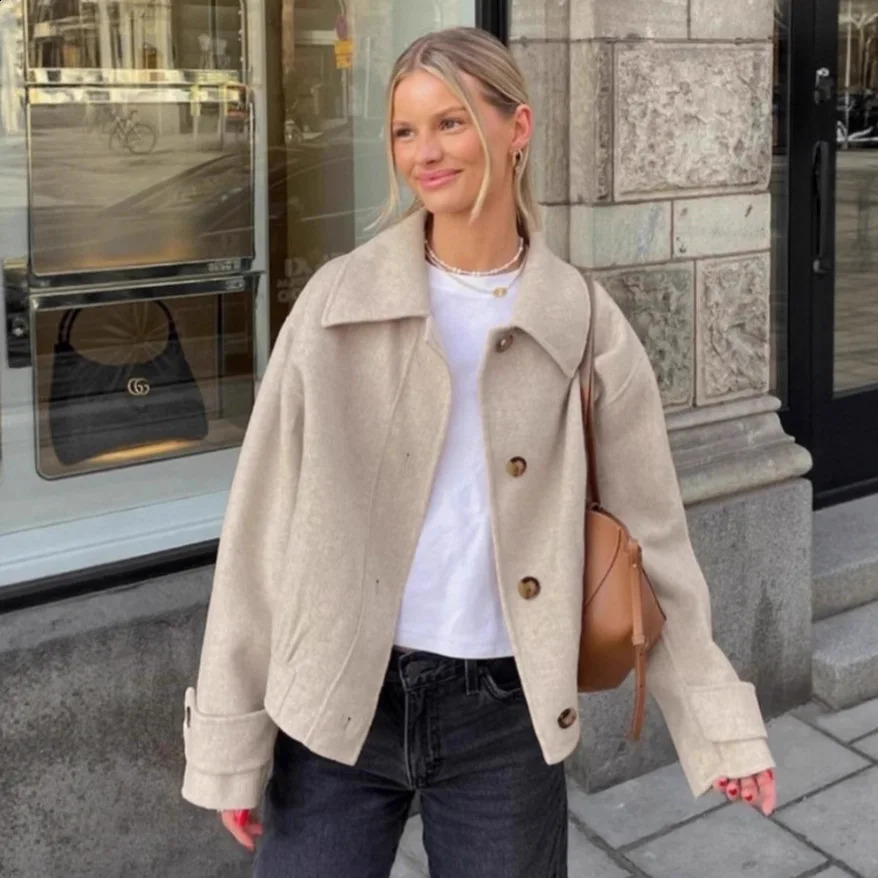 Vintage Womens Autumn Woolen Jacket Turn Down Collar Single Breasted Females Overcoat Thickened Minimalist Coat For Lady 251209