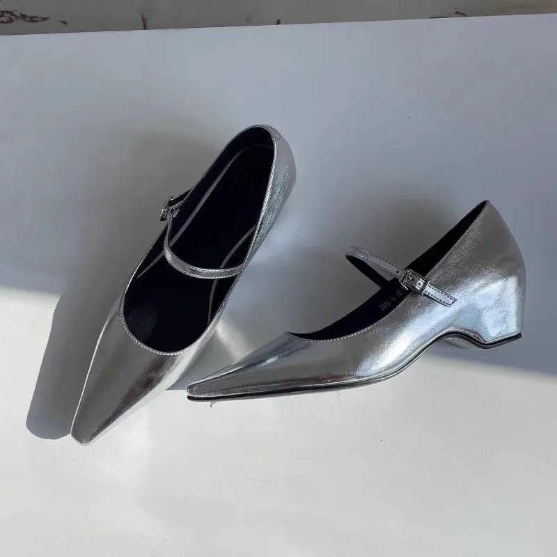 Coarse Heel Shoes Womens Pointed Head Shallow Mouth Metal Buckle A Line with Anti-slip Wear-resistant Low Heel Shoes 251209