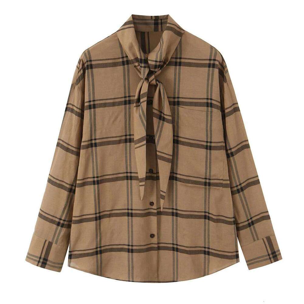 European Style Fashion 2026 New Women's Fashion Versatile Temperament Simple Casual Scarf Collar Plaid Long-Sleeved Shirt