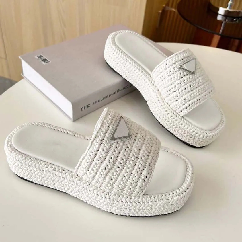 Designer sandals women P letter crochet Platform slides Napa leather slippers Monolith Rubber womens Shoes luxury Summer