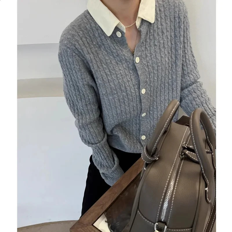 Spring Autumn Pure Color Elegant Twisted Knit Sweater Cardigan Long Sleeve Turn-down Collar Commute Womens Solid Color Knitted 251210