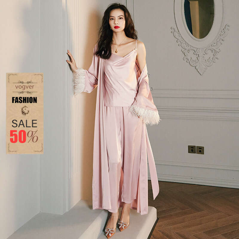 Pajamas for Women Designer Luxury 2026 Ice Silk Pajamas for Women Summer Sleeve Satin Feather Robe Camisole Long Pants Homewear Set