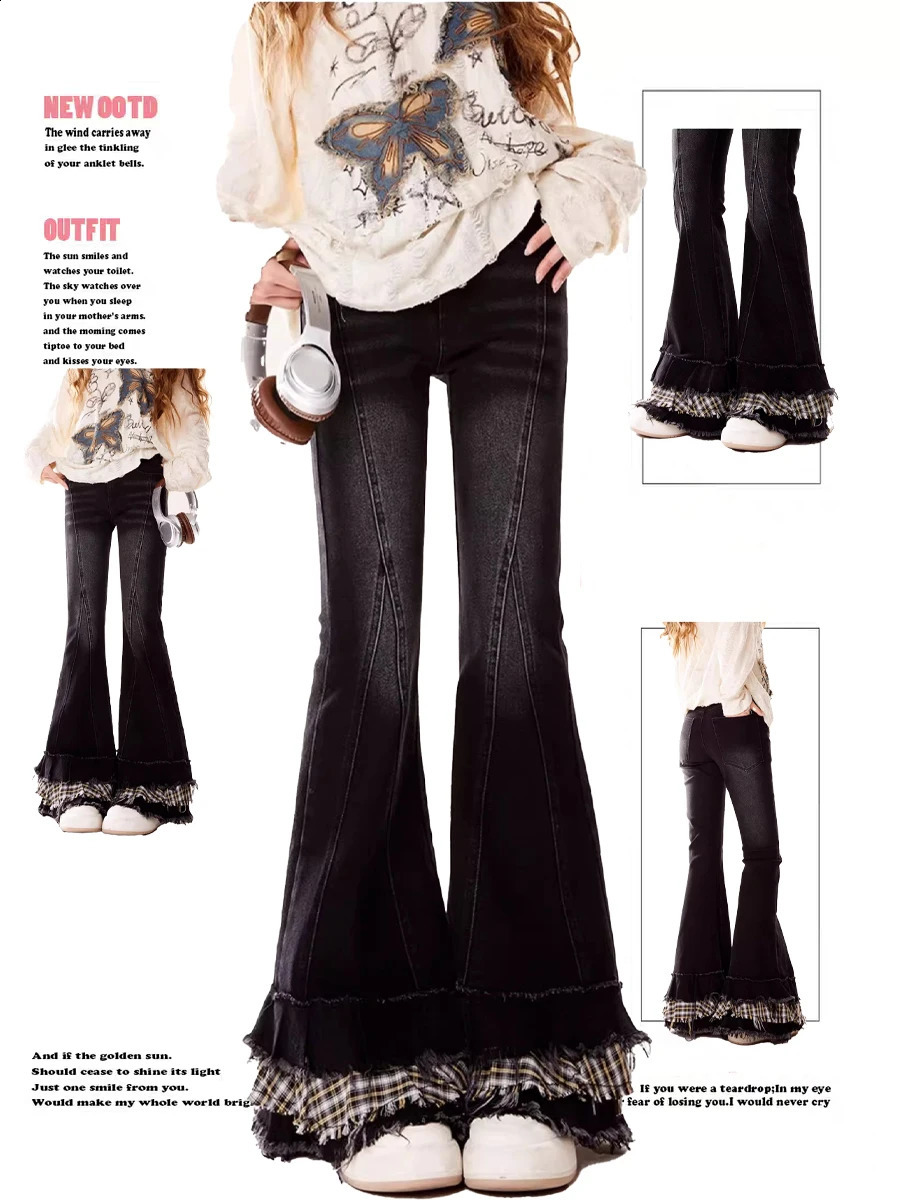 Y2K Plaid Ruffle Flared Jeans Women Black Low Waist Slim Fit Bell Bottom Denim Pants Vintage Streetwear Girl Fashion Style 251210