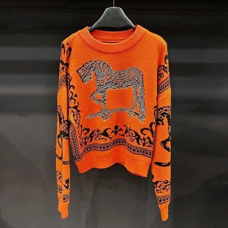 Horse Luxury Brand Designer 2024 Winter Autumn Knit Pullover Sweater For Women Knitwears Vintage Pull Tops Y2k Christmas Clothes Z251211