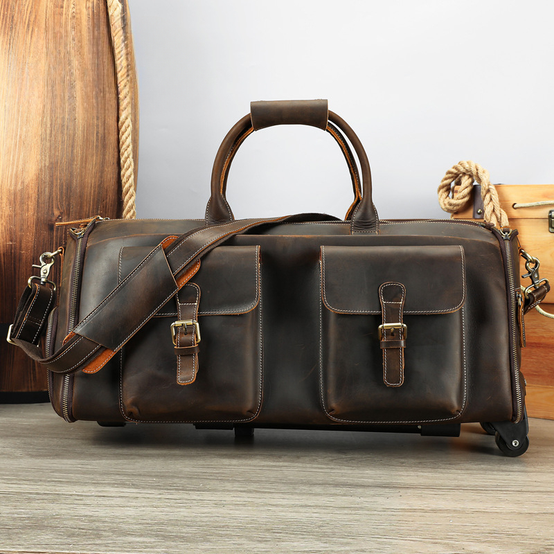 Fashion benchmark retro suit bag large capacity business travel bag Crazy Horse leather rolling travel bag men's low-key luxury designer suit b