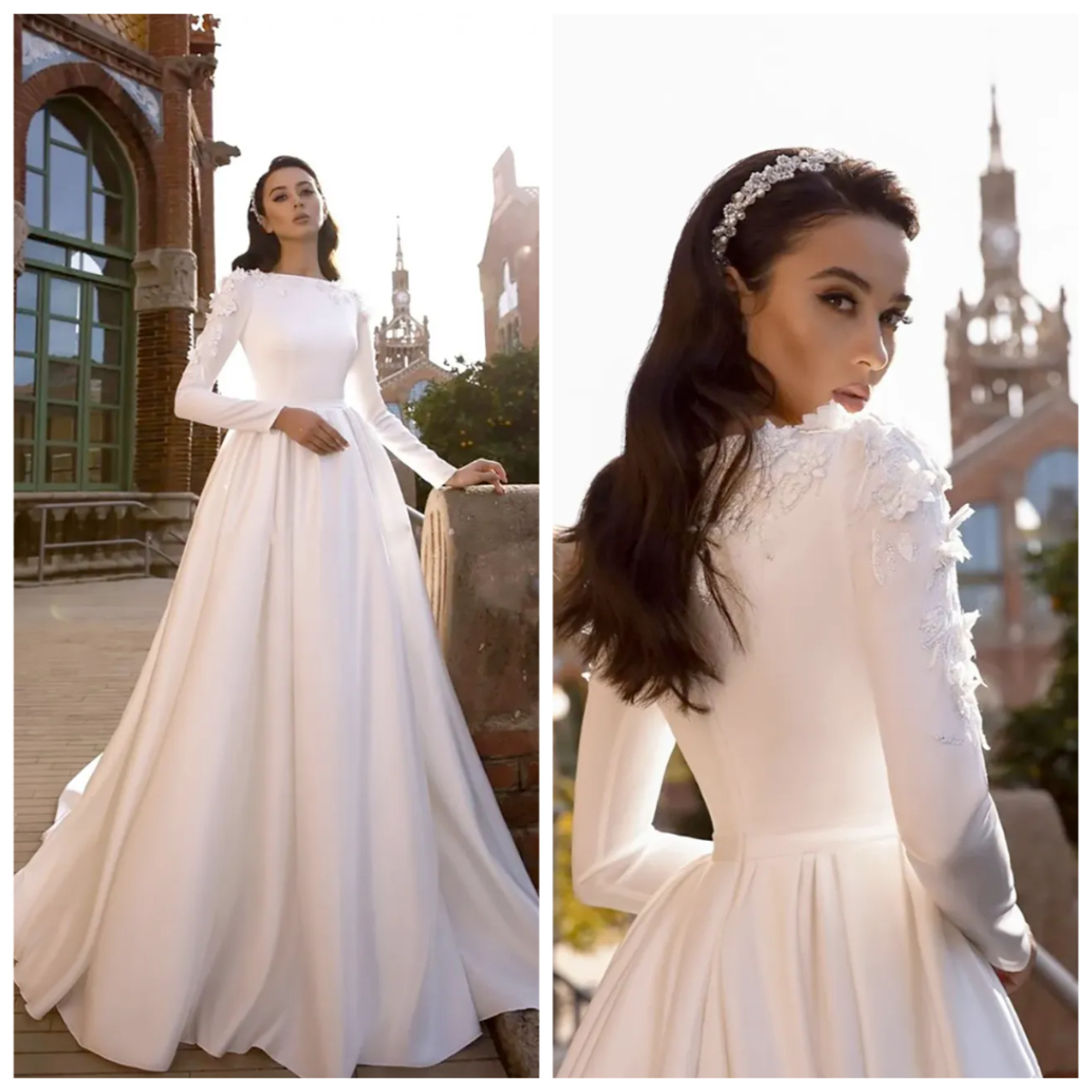 Elegant Muslim A Line Satin Wedding Dresses Simple Bridal Gowns for Women Long Sleeves Appliques Lace Simple Bride Reception Dress Ivory White Robe