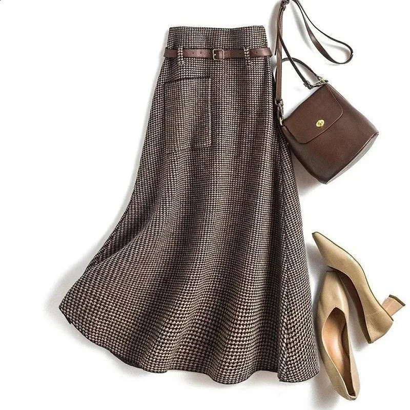 Loribindwood Plaid Brown Vintage Knitted Woolen Womens Skirt 2023 Autumn High Waist Belt ALine MidCalf Long Skirts For Women 251201