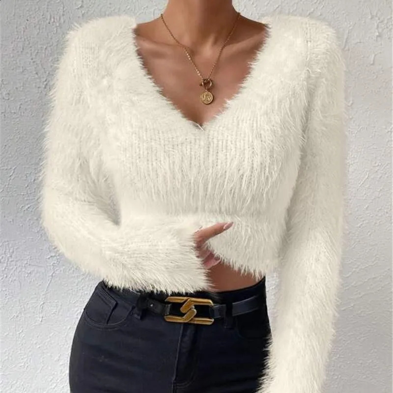 Autumn Winter V Neck Womens Sexy Long Sleeve Slim Sweater Korean Style Solid Color Cropped Top Casual Knitted Pullover 251210