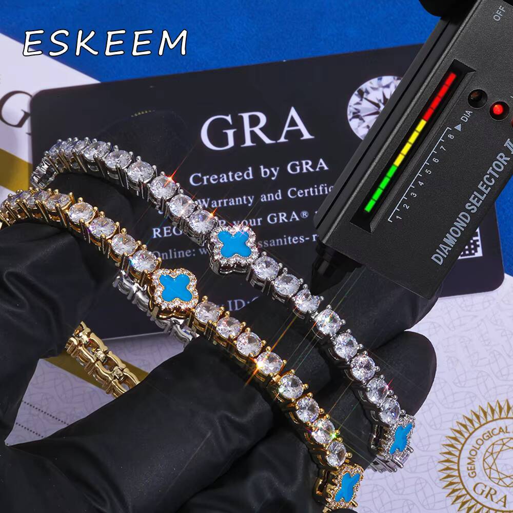 ESKEEM New Design 4mm Clover Tennis Chain Bracelet 925 Silver Gold Plated VVS Moissanite Hip Hop Fine Jewelry