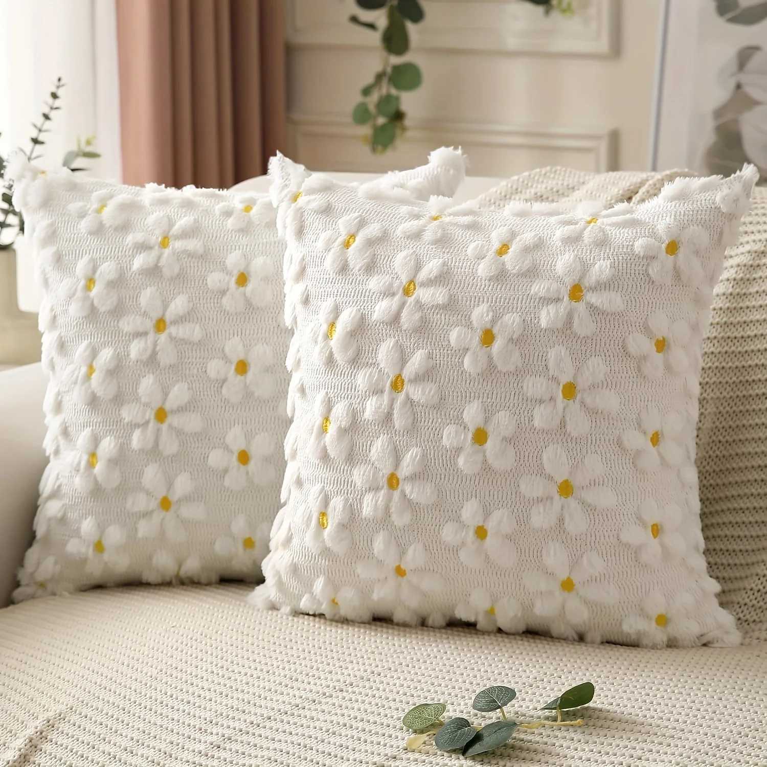 Spring Summer low Covers 18x18inch Farmhouse Decor w Flower Daisy Soft Plush Faux Fur Jacquard Throw low Covers H251211-image-1088027043