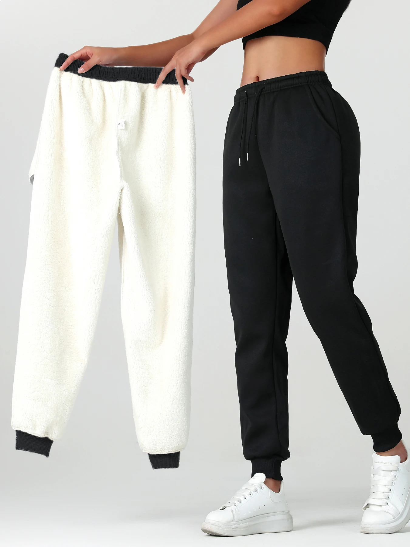 One pair of womens long pants for autumn and winter thickened with fleece warm solid color casual sportswear pockets 251129