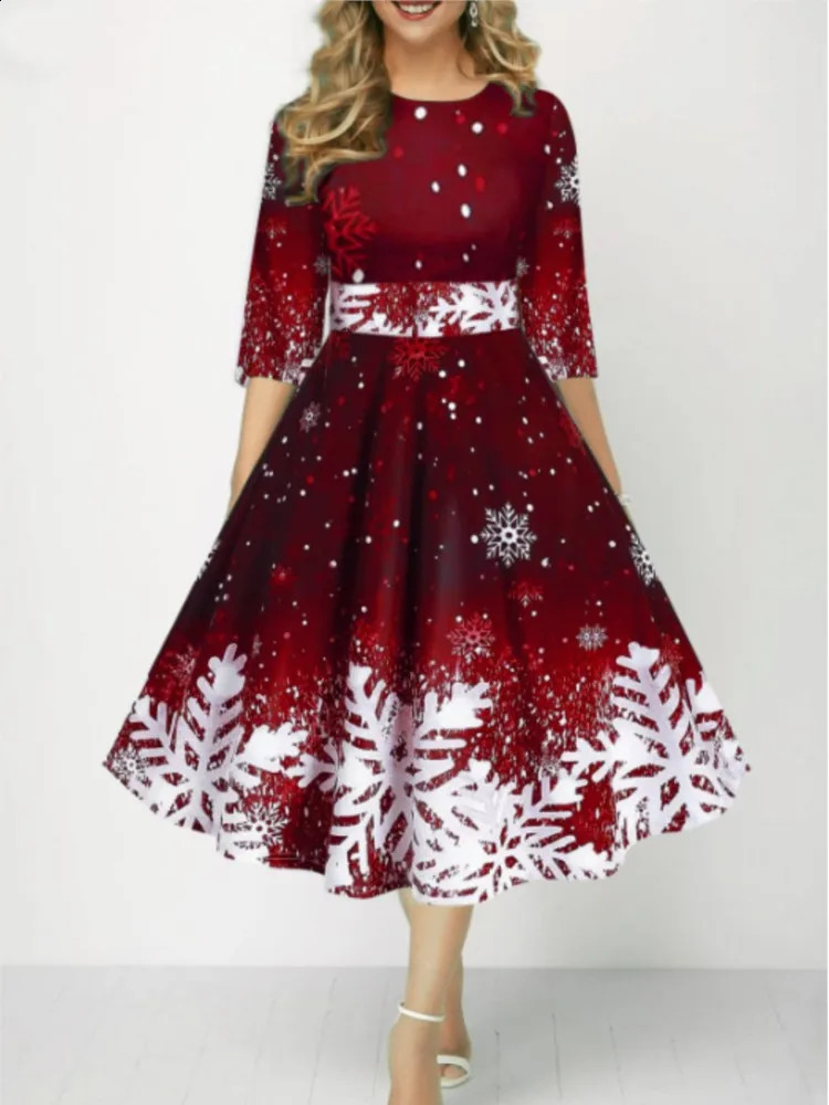 Autumn Winter Snowflake Digital Print Womens 34sleeves Christmas Dress Fashion Waist Elegant Female A Line Christmas Dress 251205