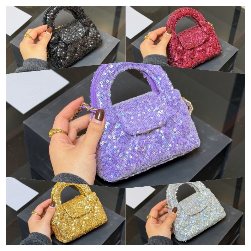 Hot Sale Mini Bag Cowhide Leather Totes Shiny Sequins 12CM Handbag Designer Bag Handle Multi Colors Golden Chain Cross Body Shoulder Bags Luxury Bag