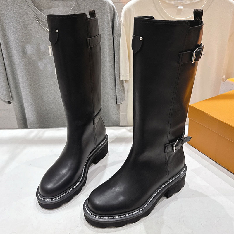 Designer Retro Knee Boots Womens With Bucket Nappa Leather boots Ladies Thick Heeled Motorcycle Boots Fashion Brand Rubber Outsole Sizes 35 41