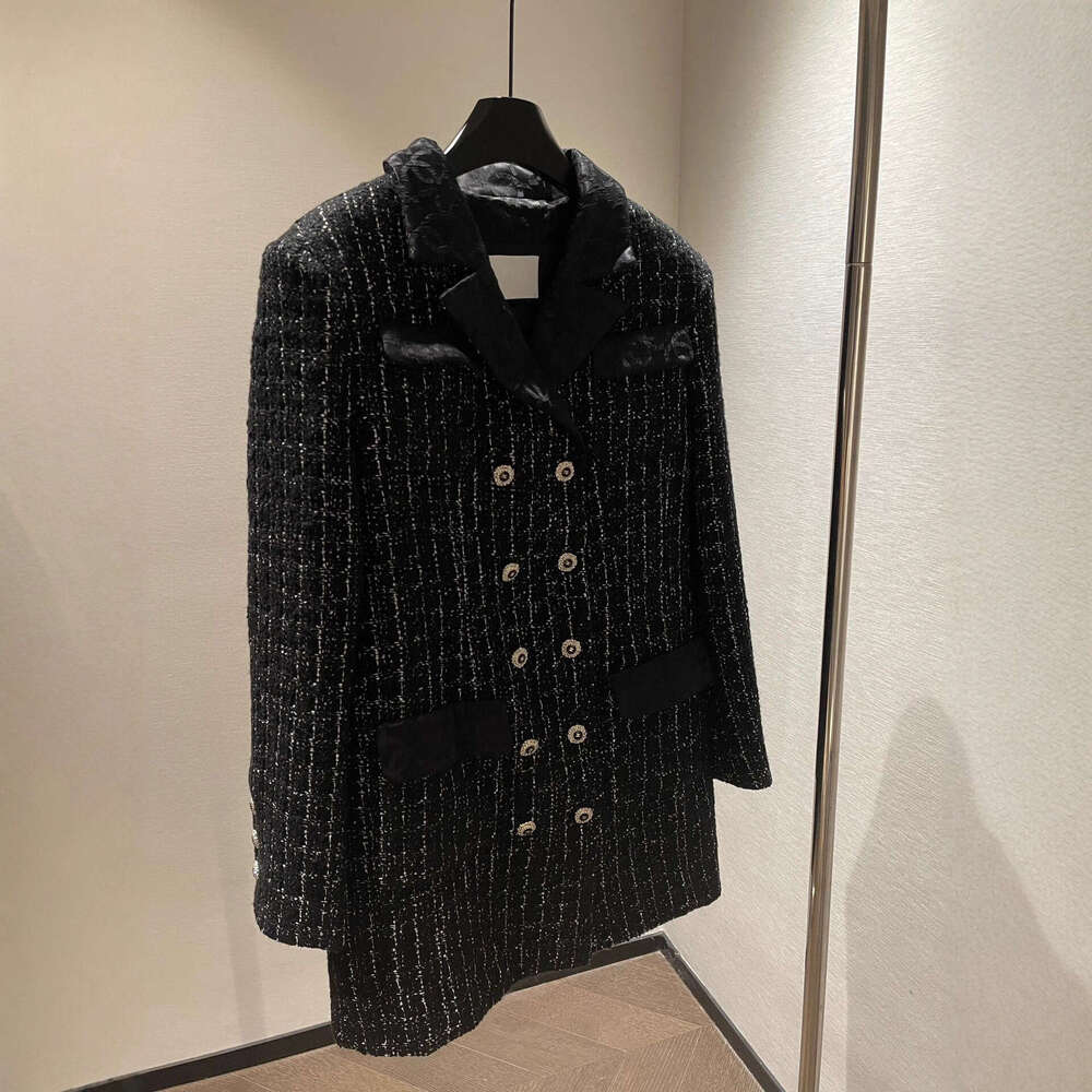 Designer 2025 Autumn Winter New Little Ch Style Elegant Black Tweed Double-Breasted Straight Mid-Length Vintage Blazer 5612