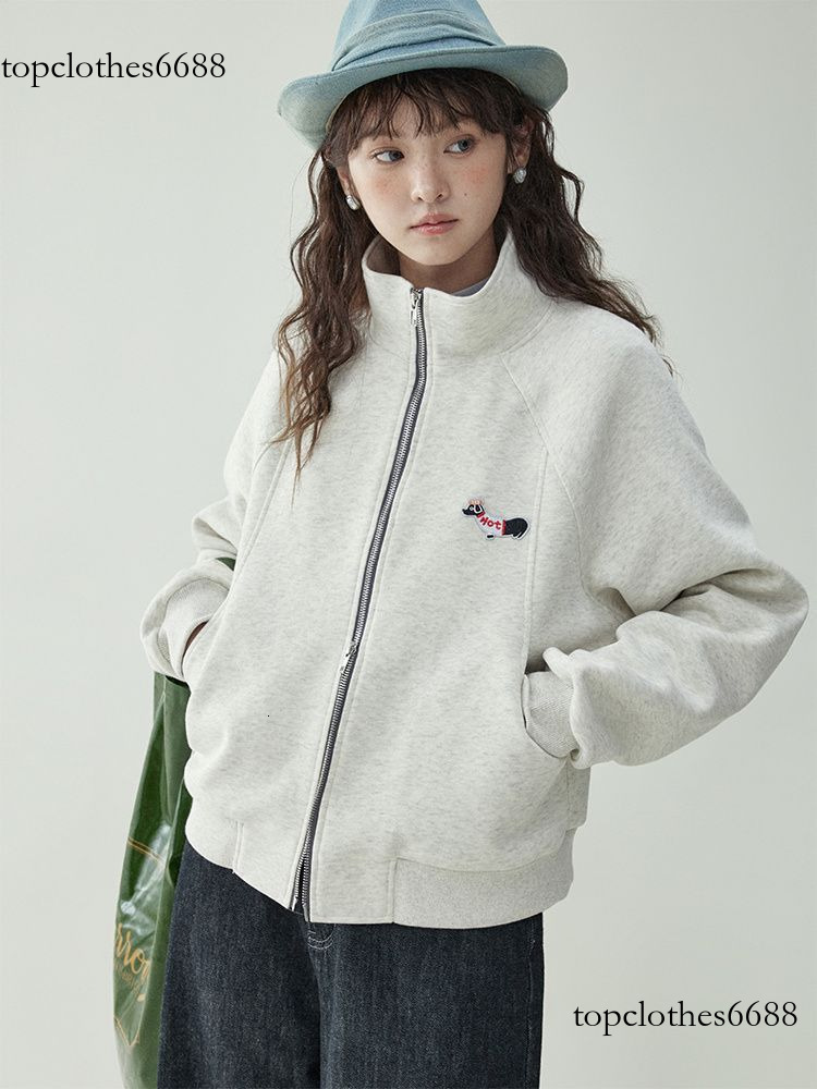 Felpa ricamata con cucciolo per donna Giacca con doppia cerniera 2025 Autunno Nuovo cardigan con colletto alla coreana Top a maniche lunghe versatil