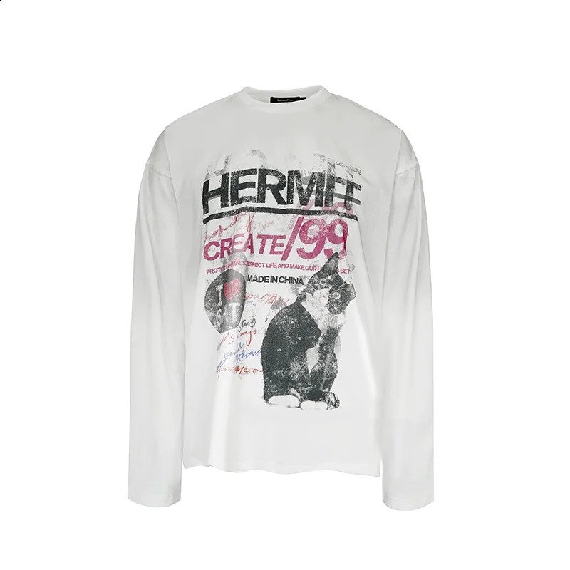 Streetwear T Shirt Y2K Cat Letter Retro Graphic Print Oversized Tshirt Mens Womens Round Neck Cotton Long Sleeve Tops Autumn 251210