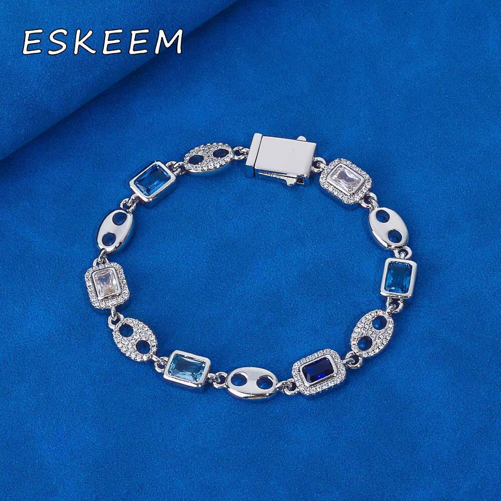Eskeem Luxury Geometric 925 Silver Bracelet Pig Nose Clasp Multi-Color Zircon Inlay Ice Out VVS Moissanite Fine Jewelry