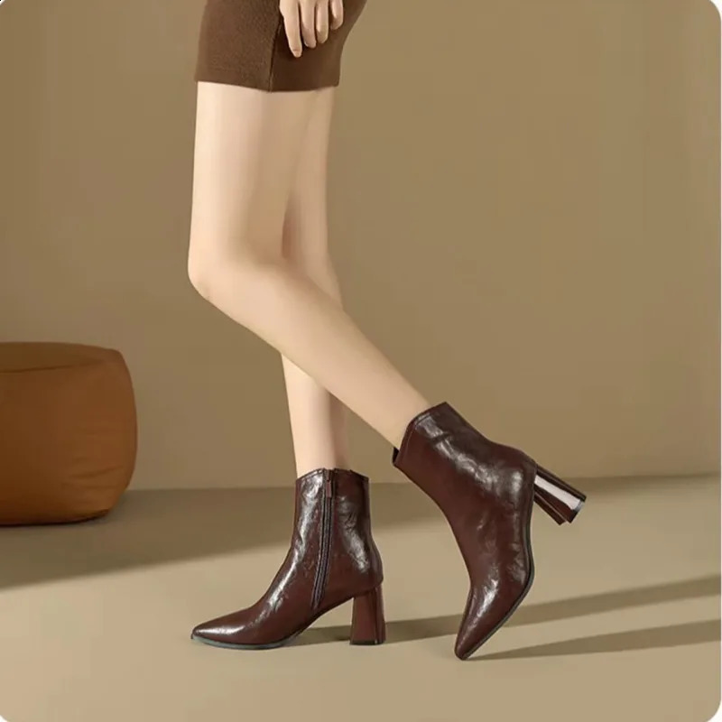 Winter Ankle Boots Fashion Back Zippers Pointed Toe Ladies Elegant Short Plush Short Boots High Heel Womens Footwear 251209