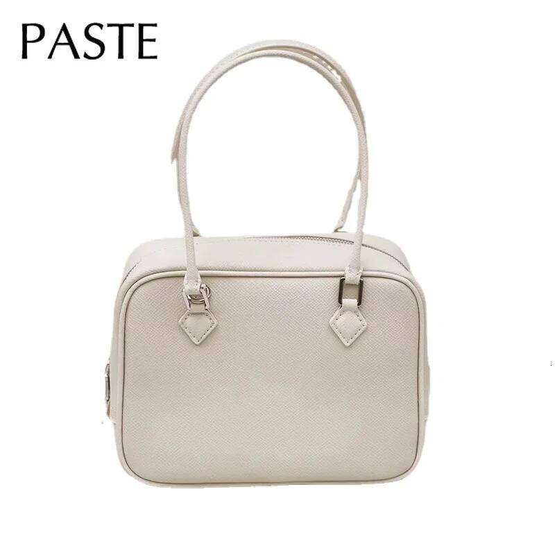 Vintage Beige High-End Tote Small Cross Pattern Hard Cow Leather Office Lady Commuting Crossbody Bag Hand-Held Handbag 251211