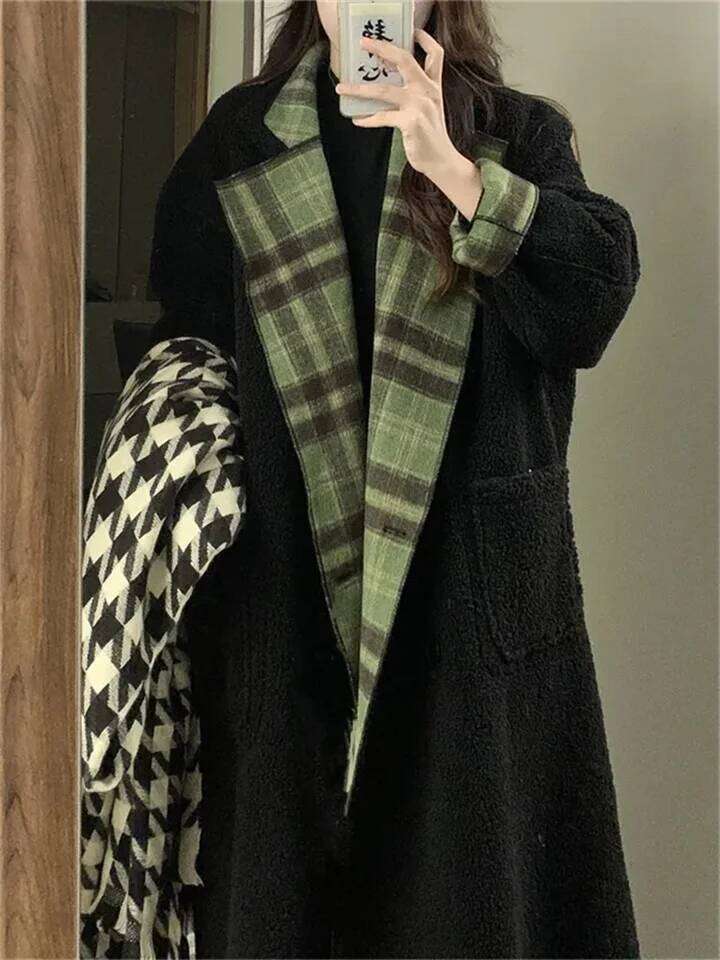 Free ShippingRetro Simple Slim Plaid Medium Women 's Winter New Thickened Loose Double Wear Long Sleeve Fashion 2026 Woolen Coat