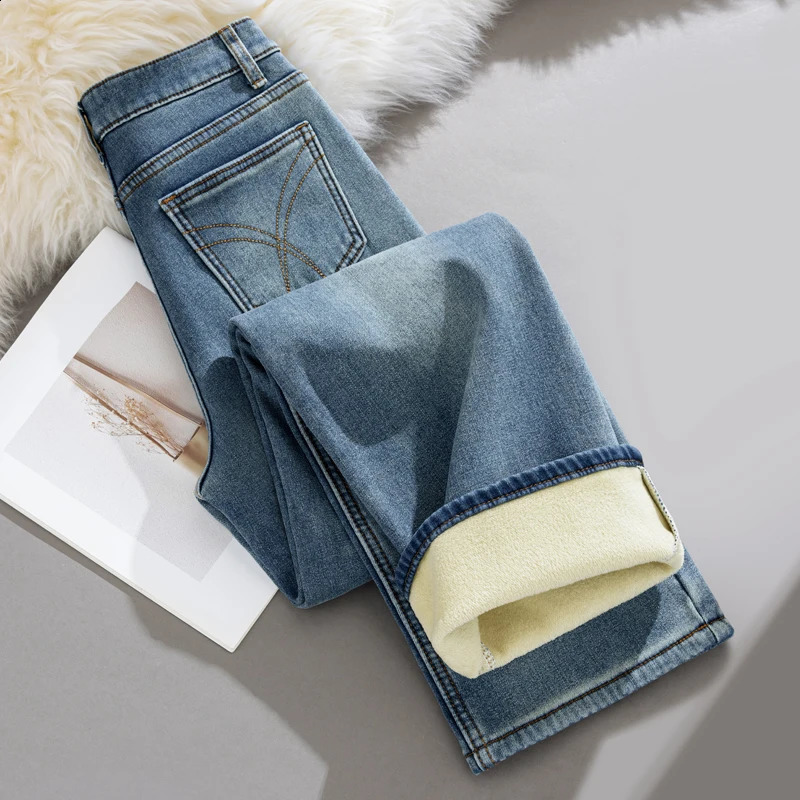Y2k Pantaloni Jeans da donna Foderato in pile invernale Spessore caldo Pantaloni dritti slim a gamba larga Moda casual 251210