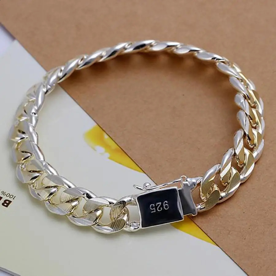 925 Sterling Silver Solid 8/10mm chain Bracelet men women Chain wedding Jewelry fashion charms party birthday gift 251204
