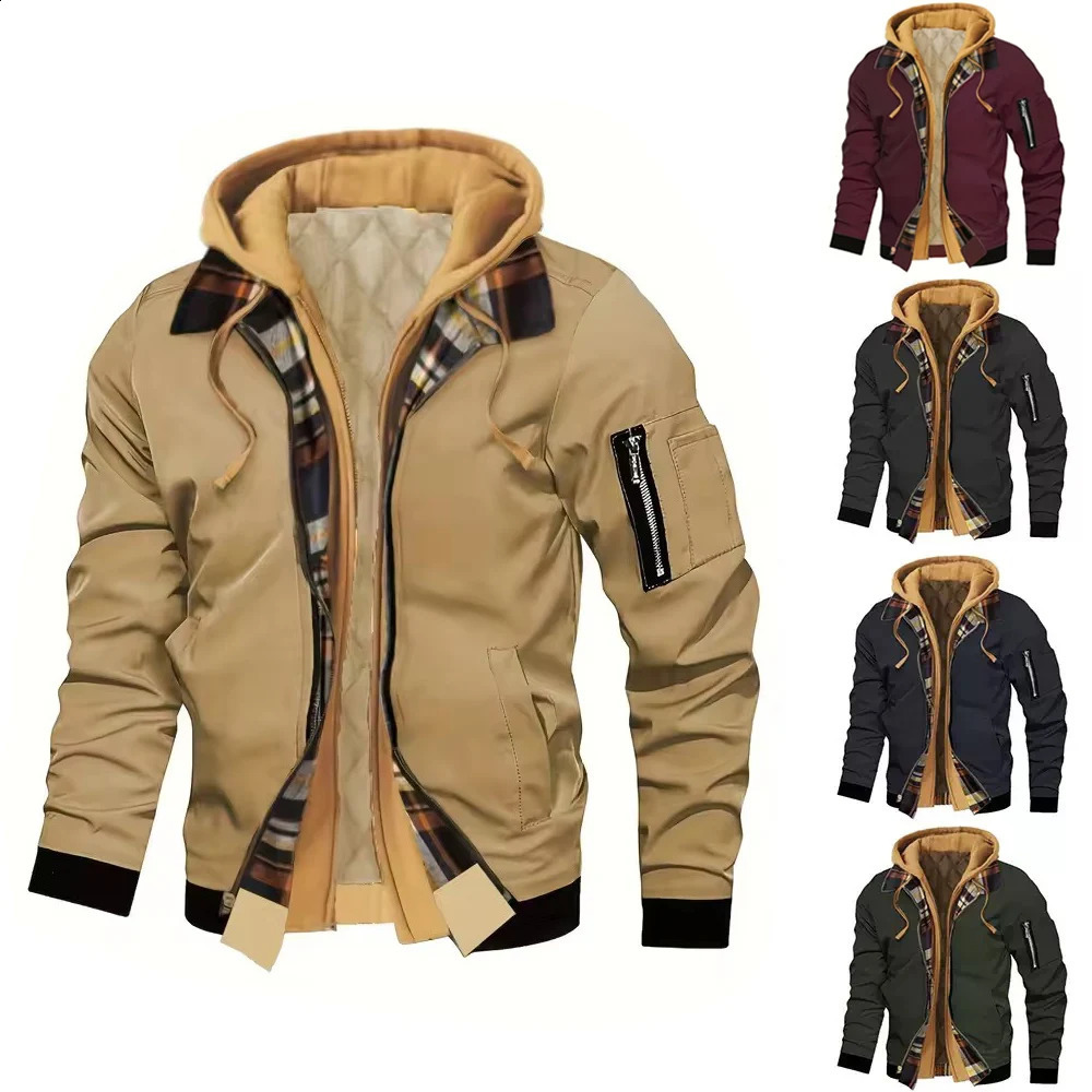 Mens Autumn Winter Hooded Jacket Casual Solid Color Two Piece n Zip Up Long Sleeve Warm Coats 251129