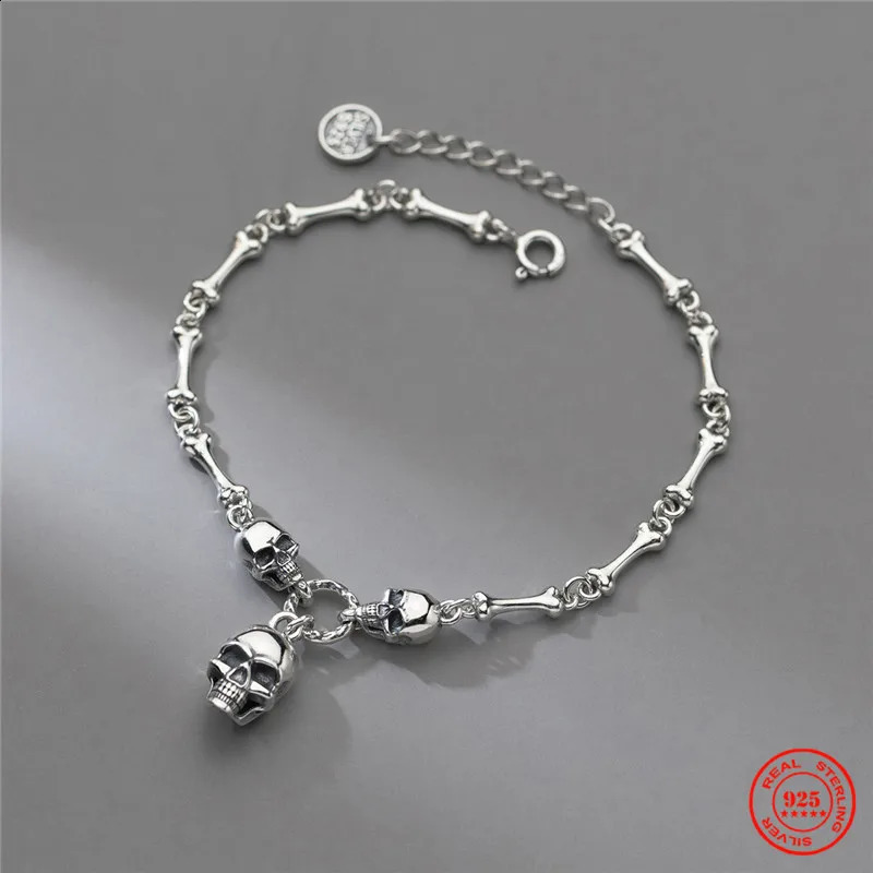 YIZIZAI Gothic Style 100 925 Sterling Silver Men Women Creative Retro Skull Bone Chain Bracelet For Halloween party 251209