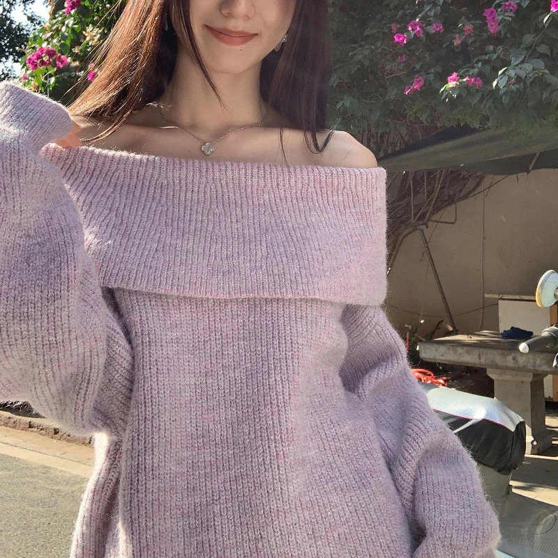 Off Shoulder Sweater for Women Comfy Knitted Top Long Sleeve Off-the-Shoulder Pullover Sweater Autumn Winter Elegant Fashion 251210