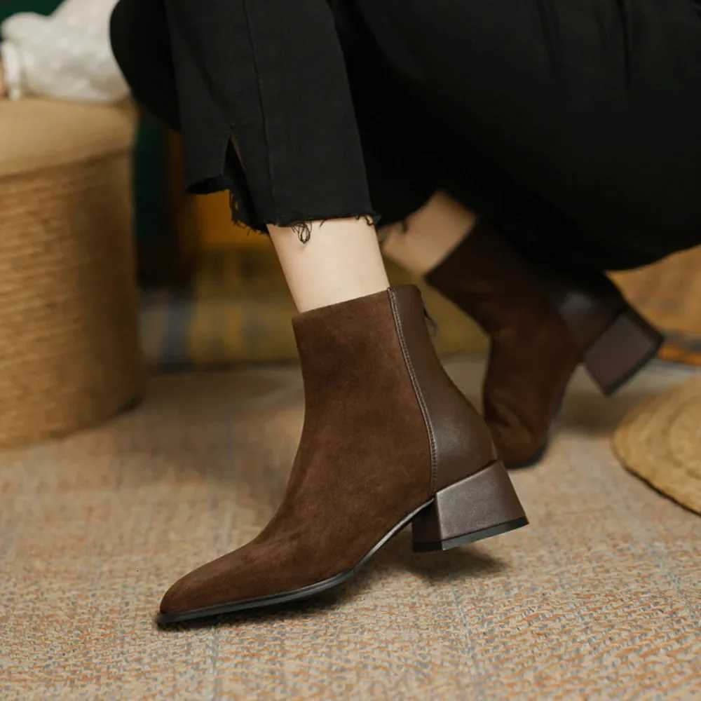 Ankle Boots Womens Spring Autumn Simple Splicing Brown Thick Heel Womens Boots Mid Heel Back Zipper Short Boots Zapatos MujerXJ251211
