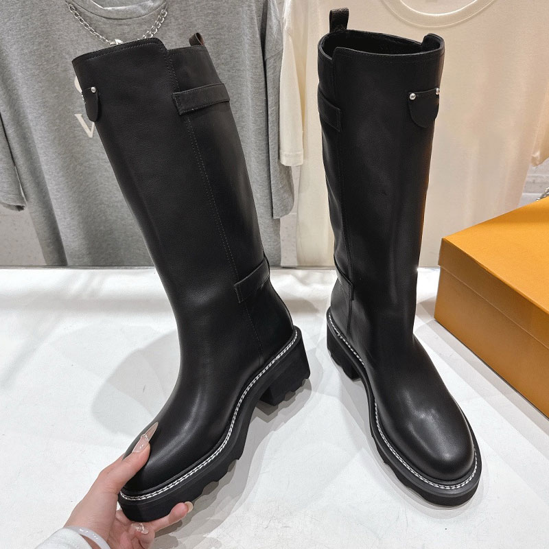 Designer Retro Knee Boots Womens With Bucket Nappa Leather boots Ladies Thick Heeled Motorcycle Boots Brand Fashion Boot Rubber Outsole Sizes 35 41