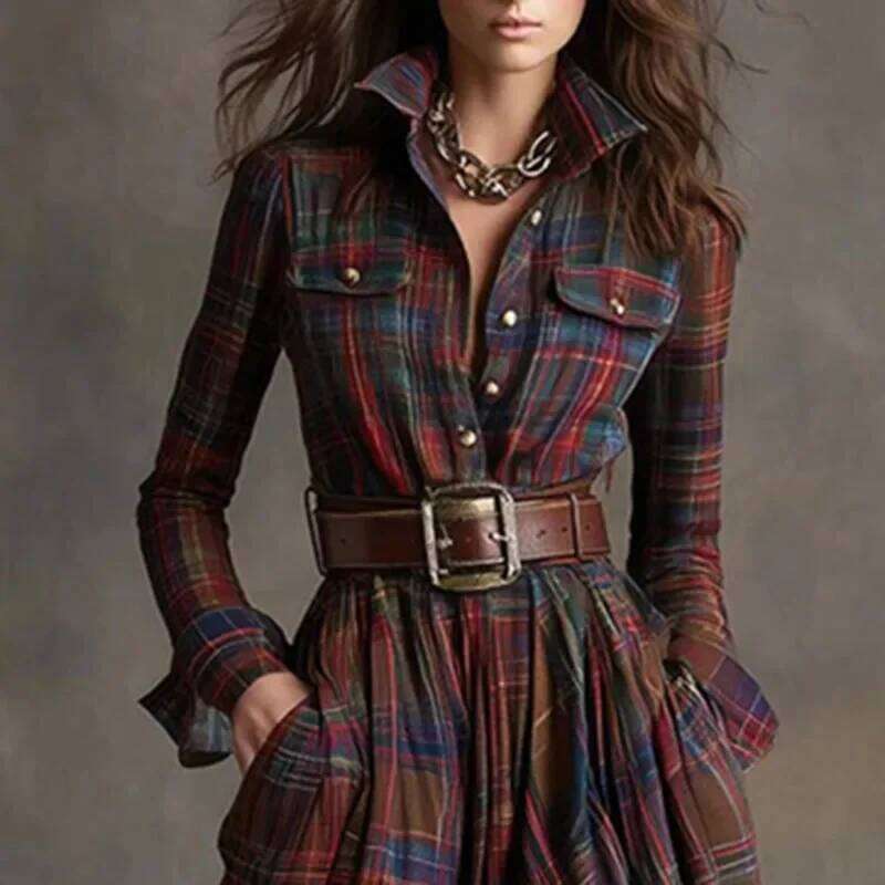 French Retro Plaid Print Slit Dresses Woman Fashion 2026 Elegant Turn-Down Collar Button Maxi Autumn Long Sleeve Pocket Boho Dress