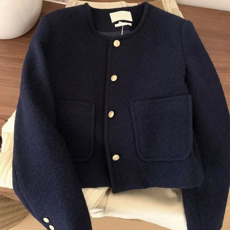 Vintage Style Purplish Blue Tweed Jacket Round Neck French Elegance Commuting Spring Autumn Trendy Fashion Outerwear 251209